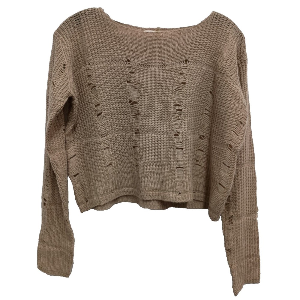 C'Est‎ Toi Cropped Sweater Womens Small Tan Distressed BOHO Grunge Pullover